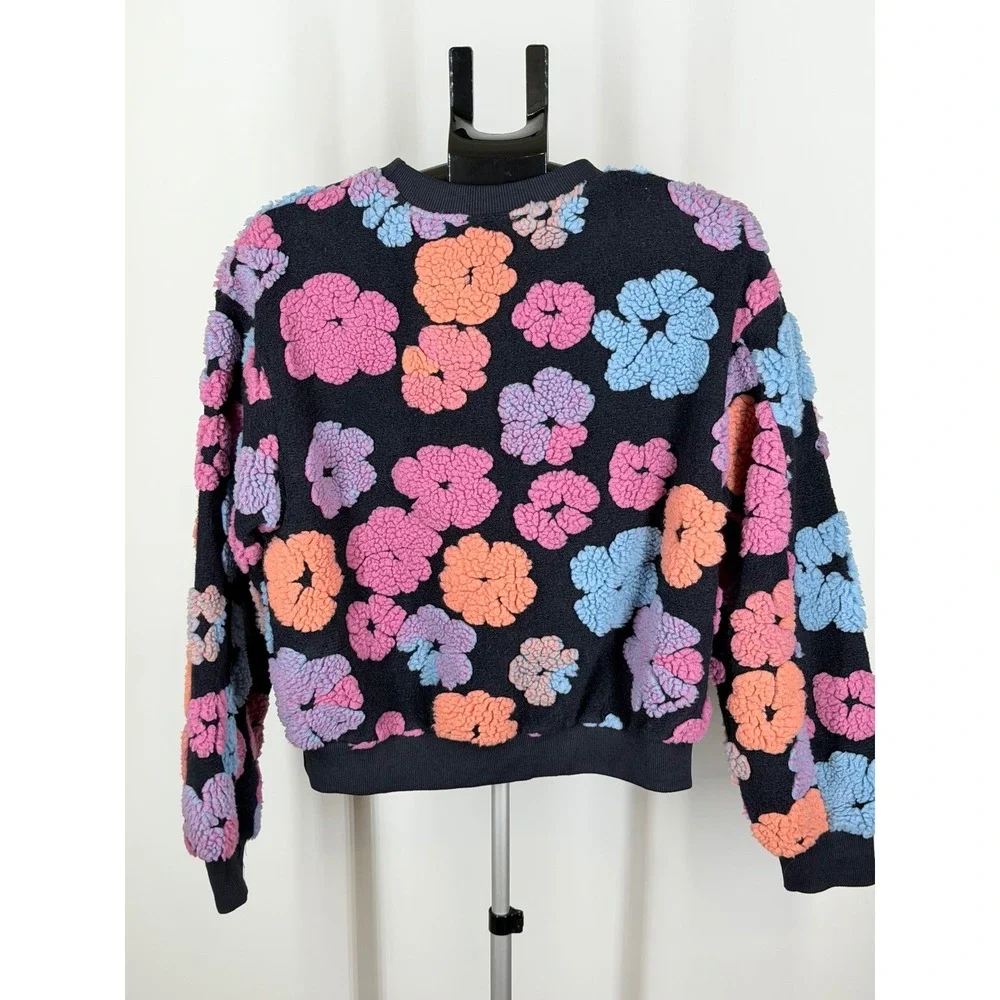 Akair Floral Sherpa Fleece Sweatshirt Multi Color 3D Flower Pullover M